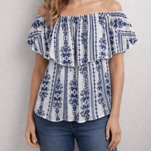 Persaya Girl Off Shoulder Boho Top XL Blue White Floral NWT